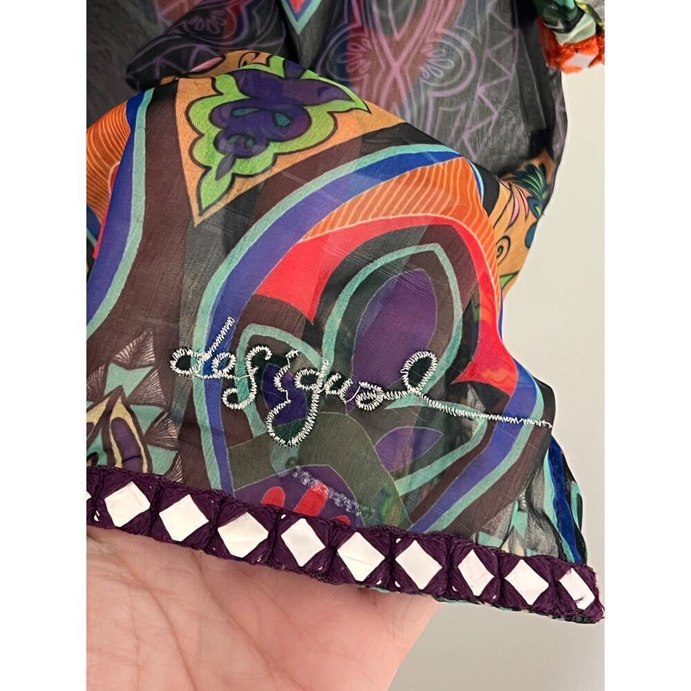 Desigual Rugos Embroidered Geometric Sheer Chiffon Kaftan Blouse Multi Women's M - Picture 9 of 9